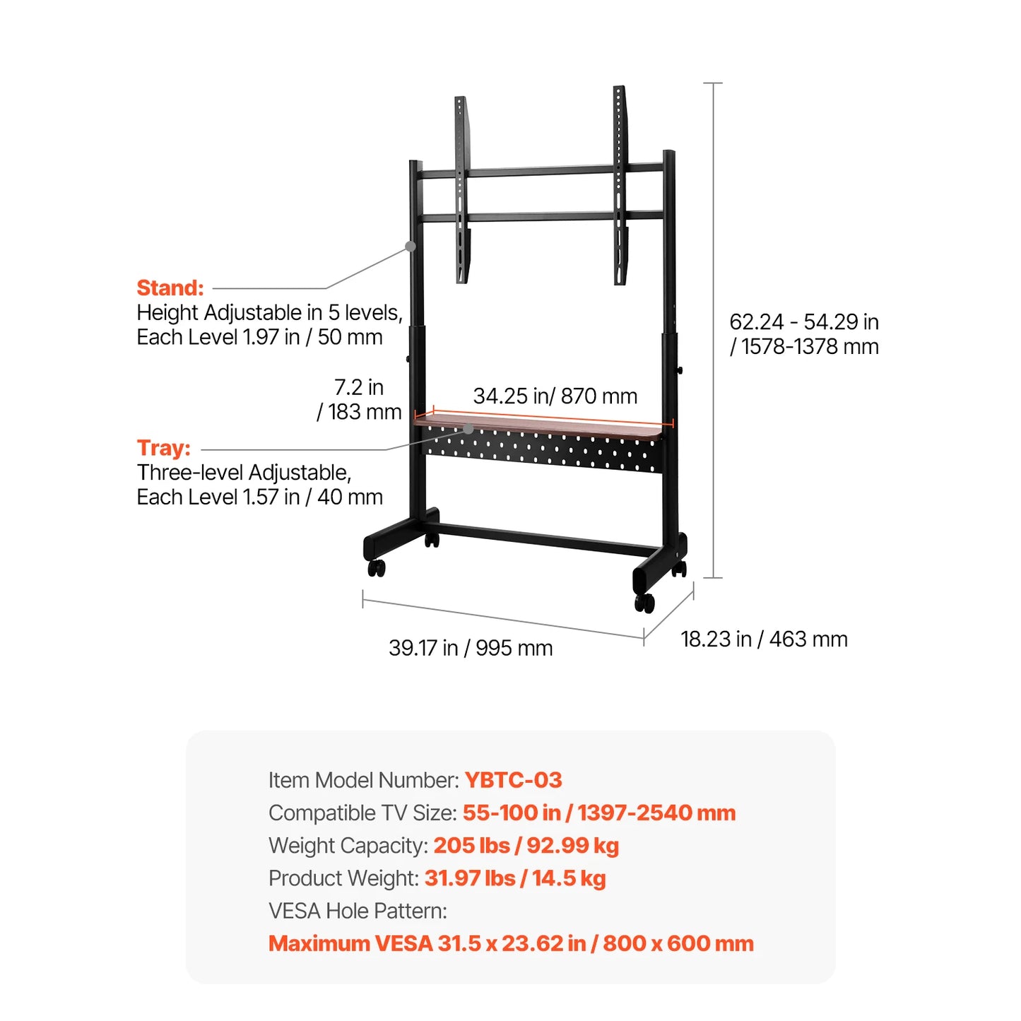 SucceBuy Mobile Rolling TV Stand Cart with Wheels for Multiple TV Sizes – Portable Adjustable TV Mount for Living Room, Bedroom & Office