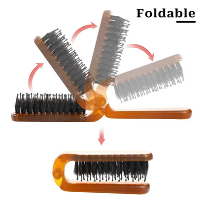 Foldable Boar Bristle Hair Comb - Portable Scalp Massager Travel Hair Brush & Styling Accessory
