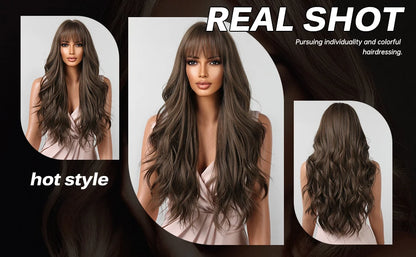 Brown Wavy Long Wig for Women with Bangs — Natural-Look Synthetic Hair, Heat-Resistant for Daily & Cosplay