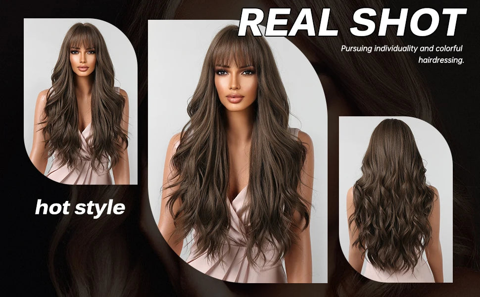 Brown Long Wavy Wig for Women with Bangs — Natural-Look Synthetic Hair, Heat-Resistant for Daily & Cosplay