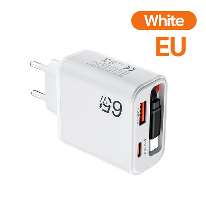 65W USB-C Wall Charger with Retractable Cable – Fast Charging Adapter with USB PD and QC 3.0 for iPhone, POCO, and Xiaomi Devices