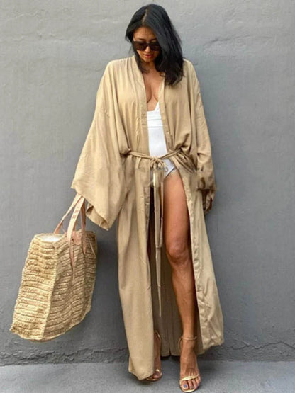 Women’s Solid Belted Wrap Kimono Beach Cover Up Dress – Swimsuit Robe Summer Beachwear 2025 New Casual Vacation Outfit