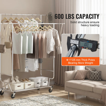 VEVOR Heavy Duty Garment Rack – Adjustable Length Clothes Rack with Bottom Shelf & Wheels for Laundry Room