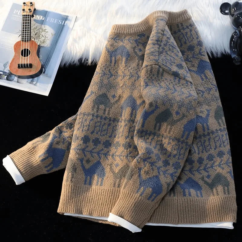 Men's Retro Knit Sweater - Loose Casual Pullover for Autumn & Winter
