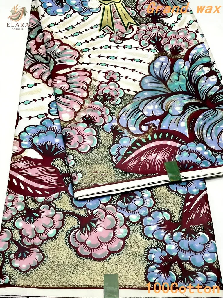 Grand Super African Wax Fabric - 100% Cotton Nigerian Glitter Glam Gold Ankara Print for Sewing