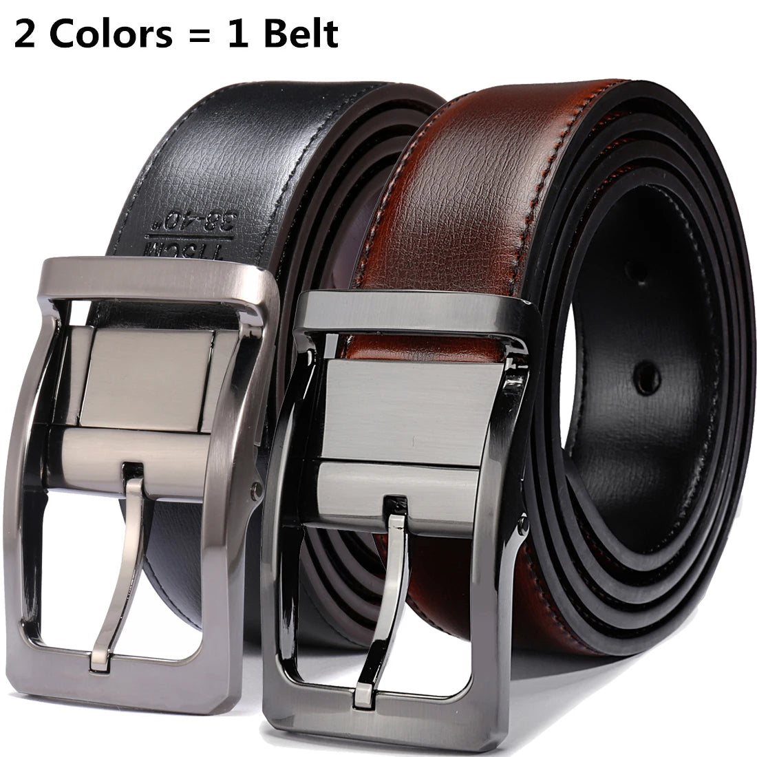 Men’s Genuine Leather Reversible Belt – 2-in-1 Rotated Buckle for Big & Tall Sizes