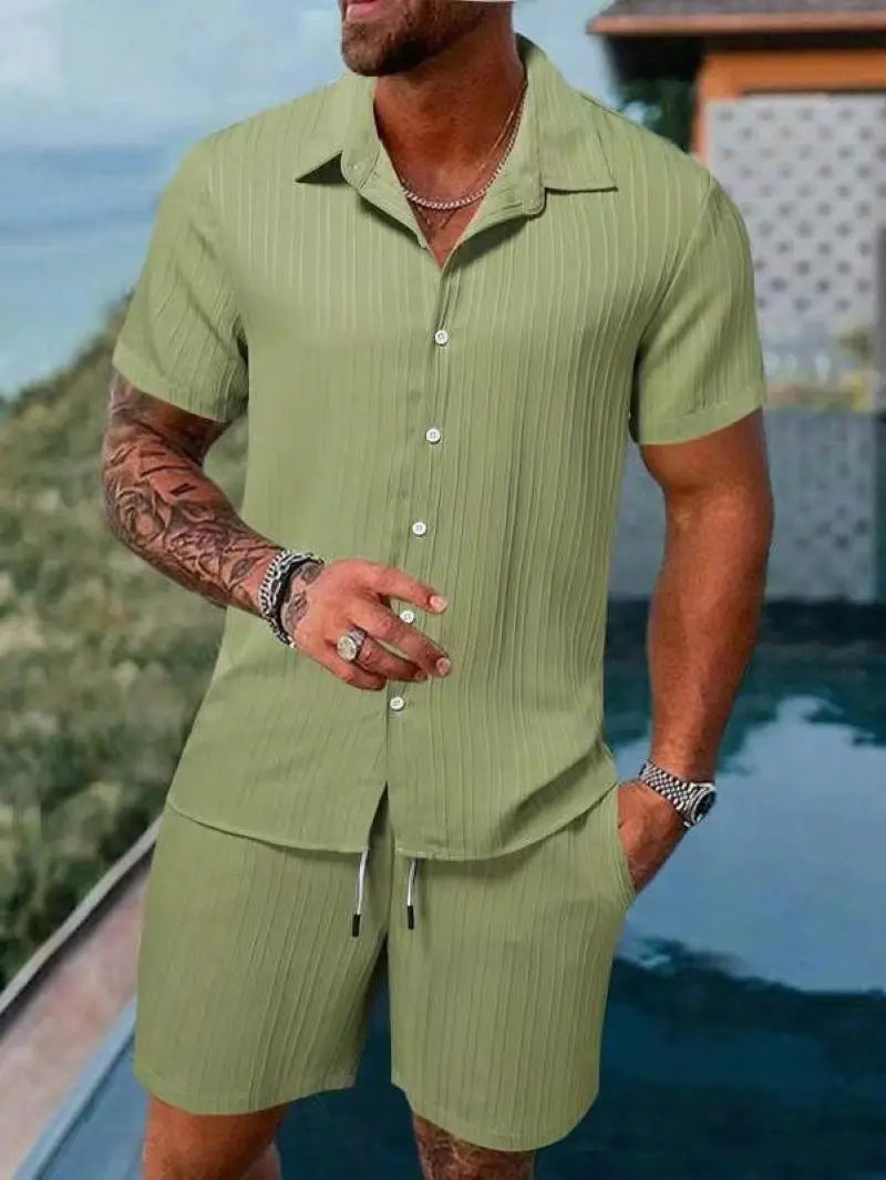 Men's Striped Jacquard Beach Shirt & Shorts Set — Spring Summer Casual Loose Fit, Europe & US Style