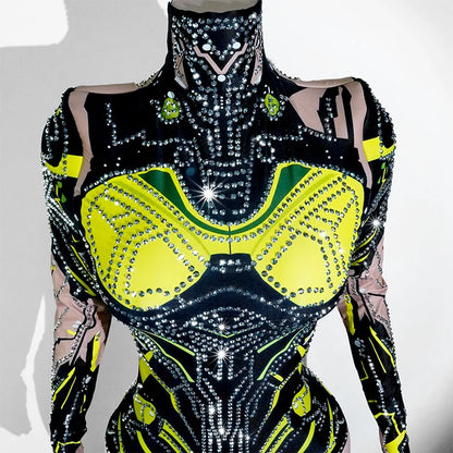 Sexy Sparkly Green Rhinestone Bodysuit – Stage Dance Costume for Party, Bar Show, Drag Queen, Cosplay & Halloween