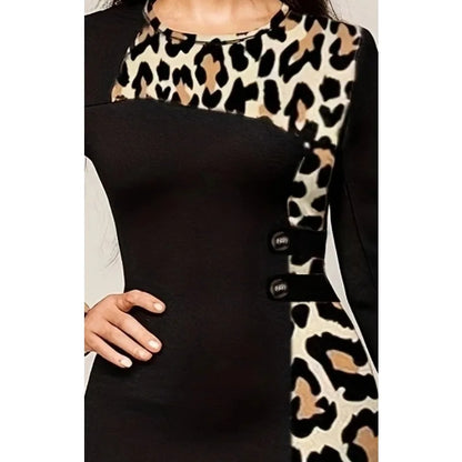 Plus Size Women’s Summer Leopard Patchwork Bodycon Dress – Long Sleeve Round Neck Fashion Dress