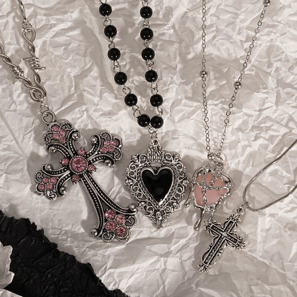 Y2K Cross Love Pendant Necklace - Sweet Cool Girl Personalized Jewelry for Everyday Wear