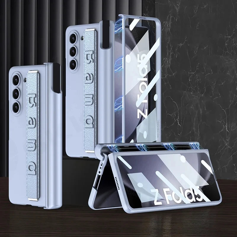 Magnetic Hinge Wrist Strap Case with Pen Slot & Screen Glass for Samsung Galaxy Z Fold 6/5/4/3 – Hard Protective Cover