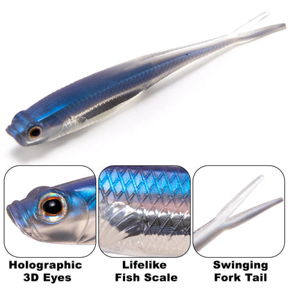 Dr.Fish 5/6pcs Soft Fishing Lures — Saltwater Silicone Fork Tail Drop Shot Baits for Bass, Trout, Pike, Walleye, Weedless