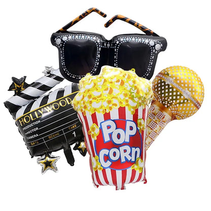 4-Piece Movie Night Party Decorations - Projector, Sunglasses and Popcorn Foil Balloons for Birthday Celebrations