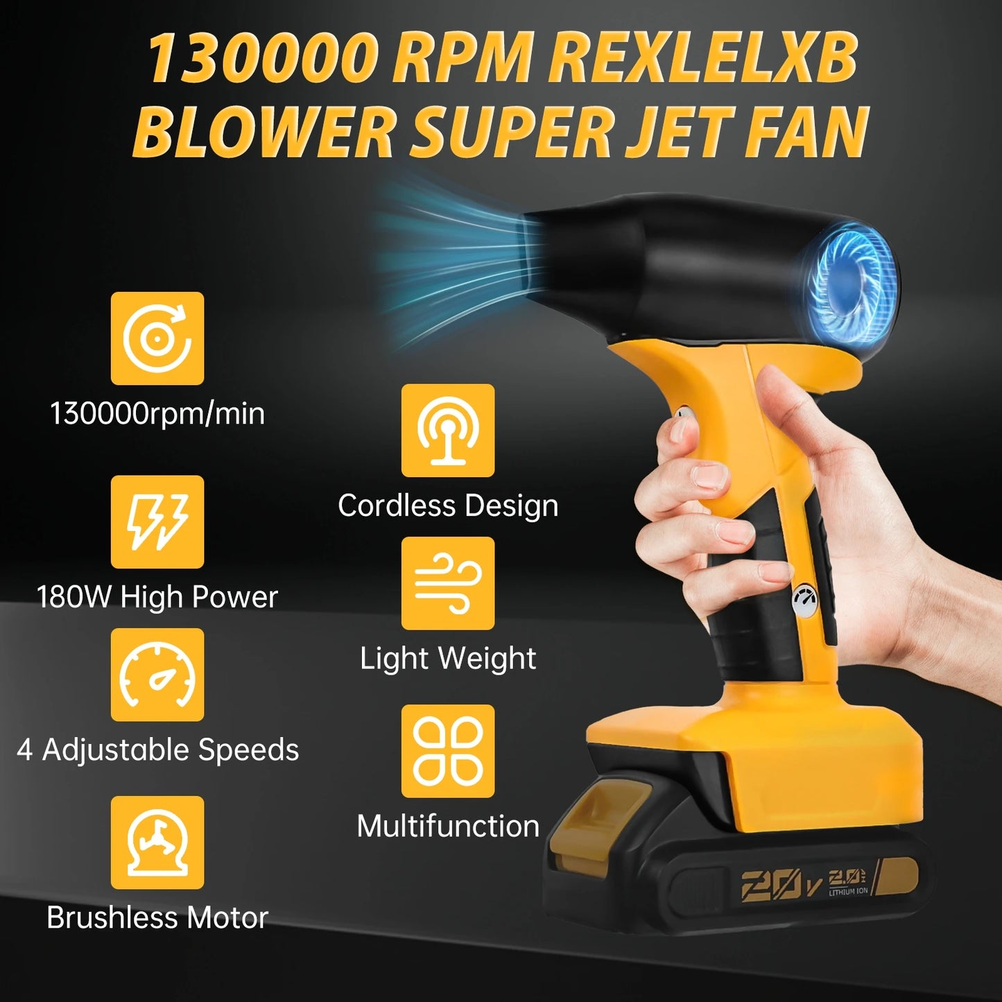 Brushless Jet Blower for Dewalt 20V Battery – 130,000 RPM Portable Electric Air Duster with 4-Speed Turbo Fan (No Battery)