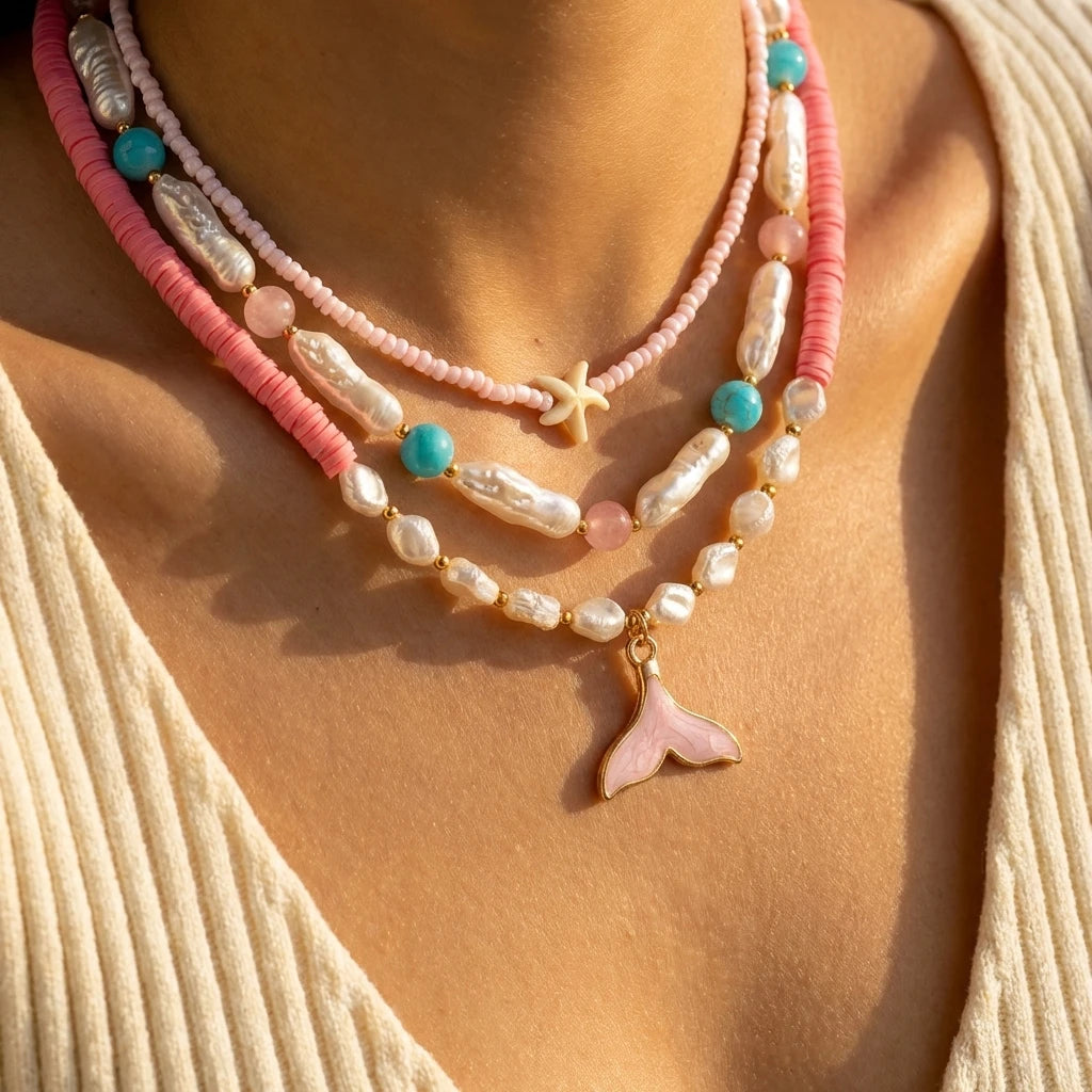 Bohemian Shell Layered Necklace - Vintage Starfish & Turtle Blue Beaded Beach Jewelry for Women