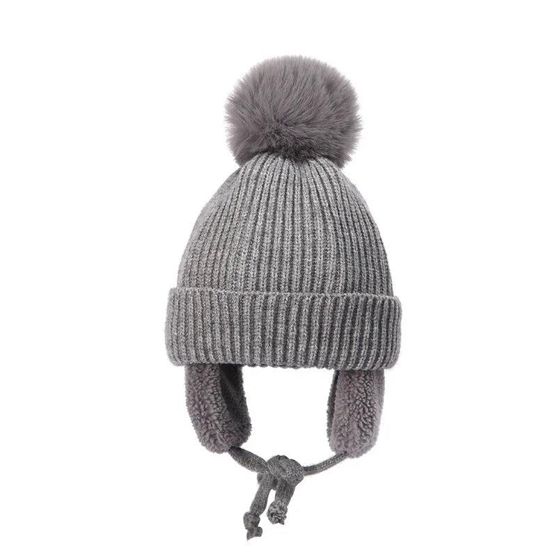 Winter Baby Beanie Hat with Pompom & Earflaps – Thick Wool Plush Knitted Cap for Girls & Boys, Ages 2-8T