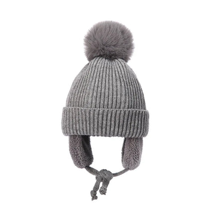 Winter Baby Beanie Hat with Pompom & Earflaps – Thick Wool Plush Knitted Cap for Girls & Boys, Ages 2-8T