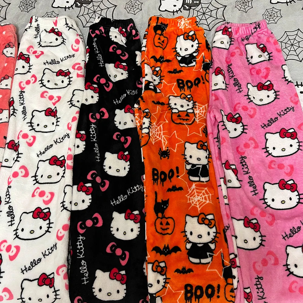 Sanrio Hello Kitty Flannel Pajamas - Women's Warm Woolen Cartoon Casual Home Pants, Black Autumn Winter Fashion Trousers