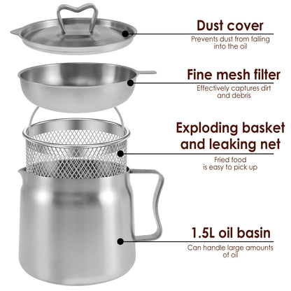 2L/1.5L Stainless Steel Oil Filter Fry Basket – Fine Mesh Strainer Pot for Oil Storage and Kitchen Grease