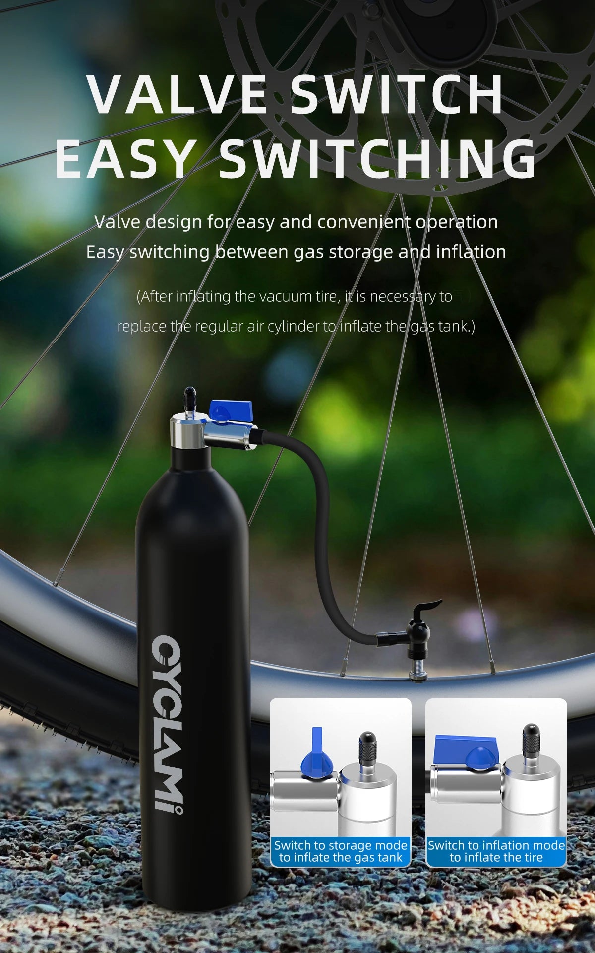 CYCLAMI 1.2L Aluminum Alloy MTB Road Tire Inflator – Valve Gas Cylinder for Tubeless 29" Bike Tires