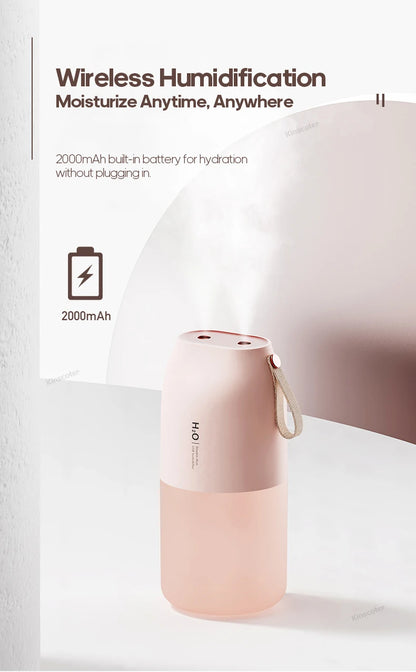 KINSCOTER Portable Double Mist Air Humidifier – 300ml Cold Mist Diffuser, 2000mAh Car Air Purifier & USB Mini Air Freshener