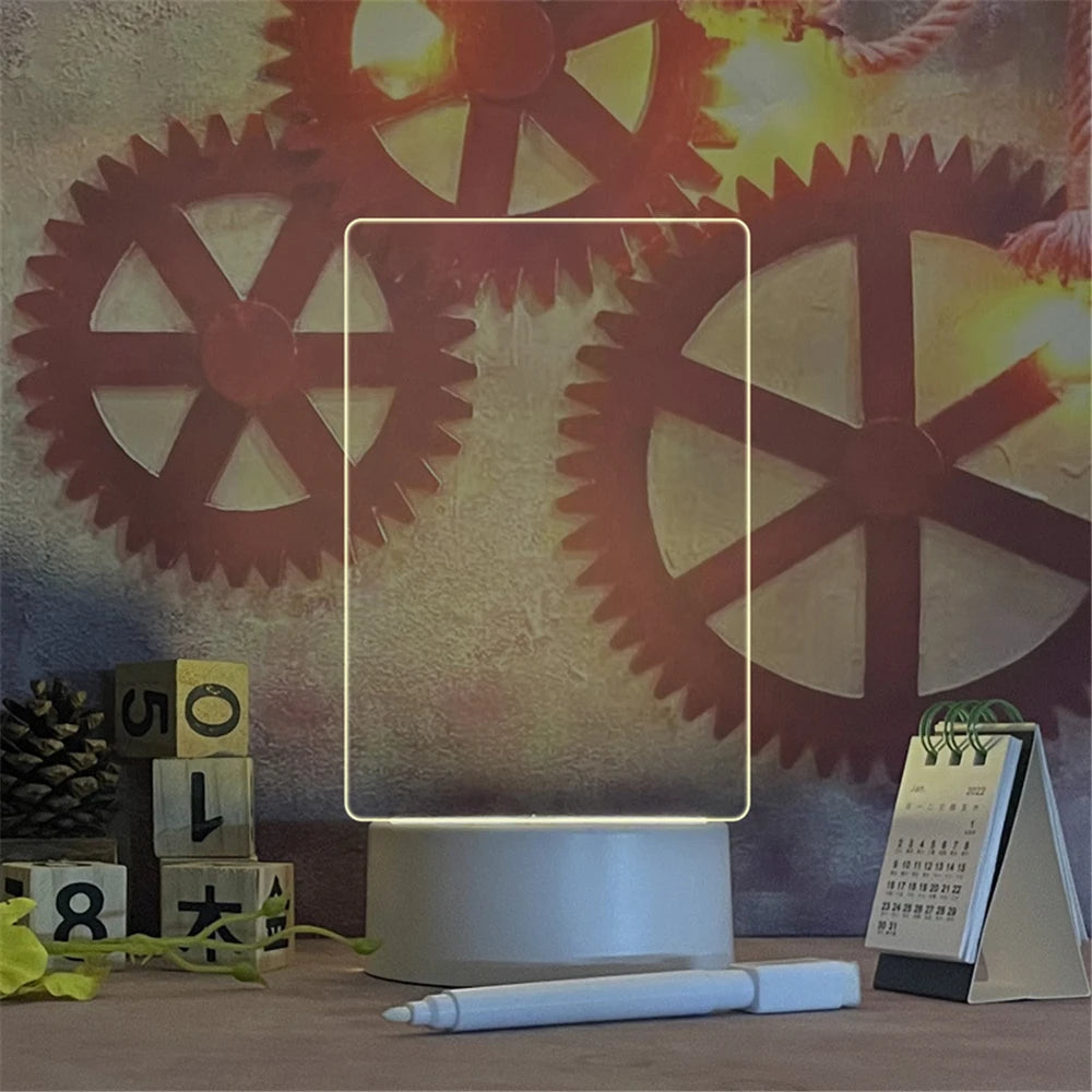 Transparent Luminous LED Night Light - USB-Powered Acrylic Light with Erasable Message Board and Calendar, Desktop Ornament