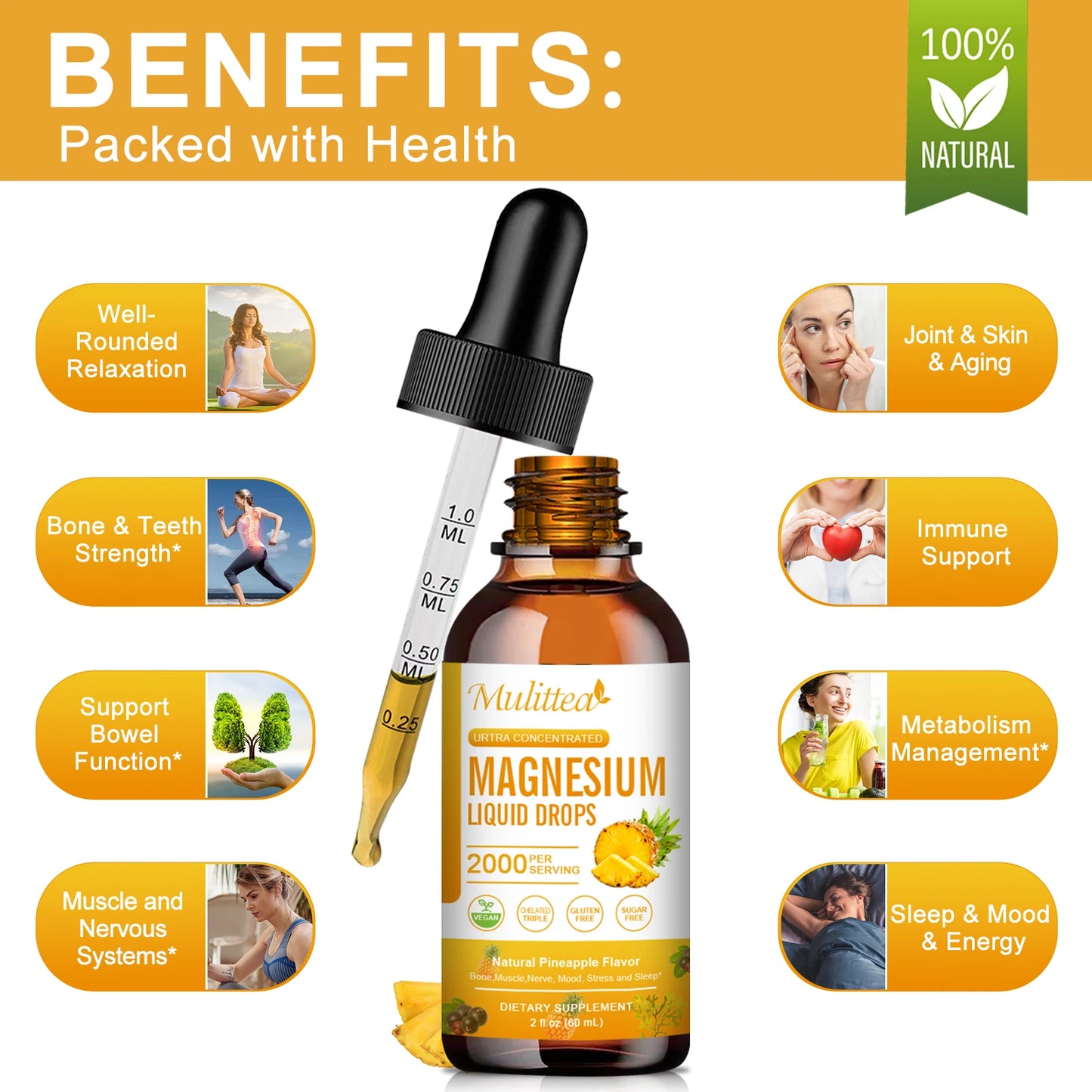 Mulittea Magnesium Glycinate Drops – Pineapple Flavor for Mood Calm, Muscle Relaxation, Sleep Support & Nerve Health