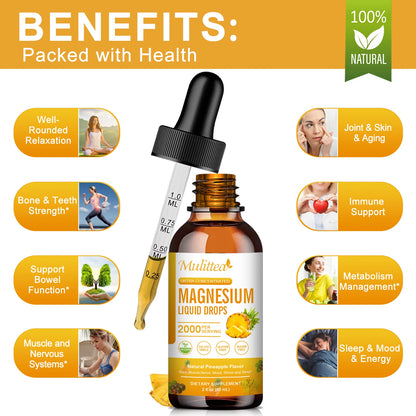 Mulittea Magnesium Glycinate Drops – Pineapple Flavor for Mood Calm, Muscle Relaxation, Sleep Support & Nerve Health
