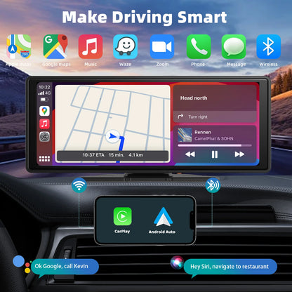 Portable Wireless CarPlay Car Stereo 10.26-Inch HD Touchscreen - Android Auto, Mirror Link & Backup Camera Support
