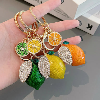 EASYA Vintage Imitation Fruit Charm Keychain – Lemon, Persimmon & Strawberry Glass Pendant, Luxury Jewelry for Women