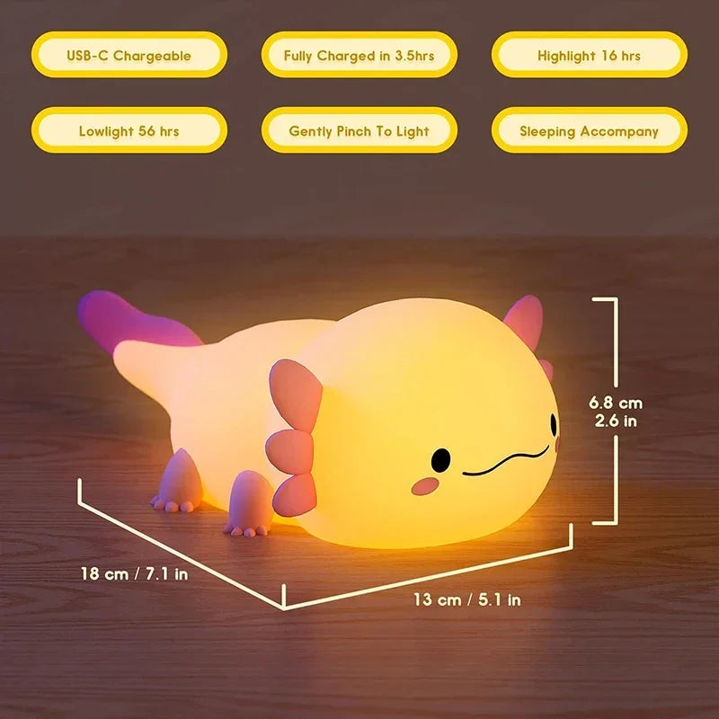 Cute Axolotl Silicone Night Light - Touch Control Nursery Sleeping Lamp | USB Rechargeable Table Lamp for Baby and Child