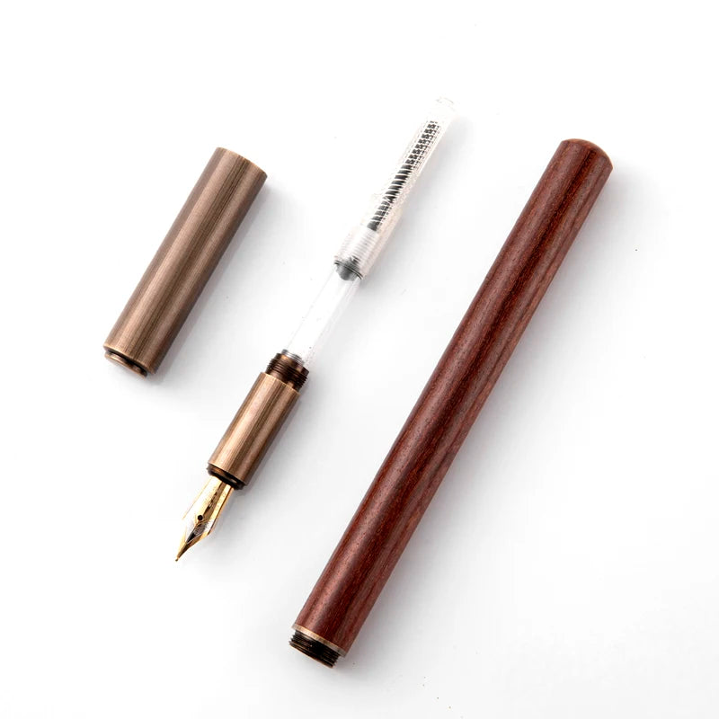 Luxury Retro Wood & Bronze Fountain Pen – 0.5mm Calligraphy Ink Pen for Office, Business & Gift Stationery