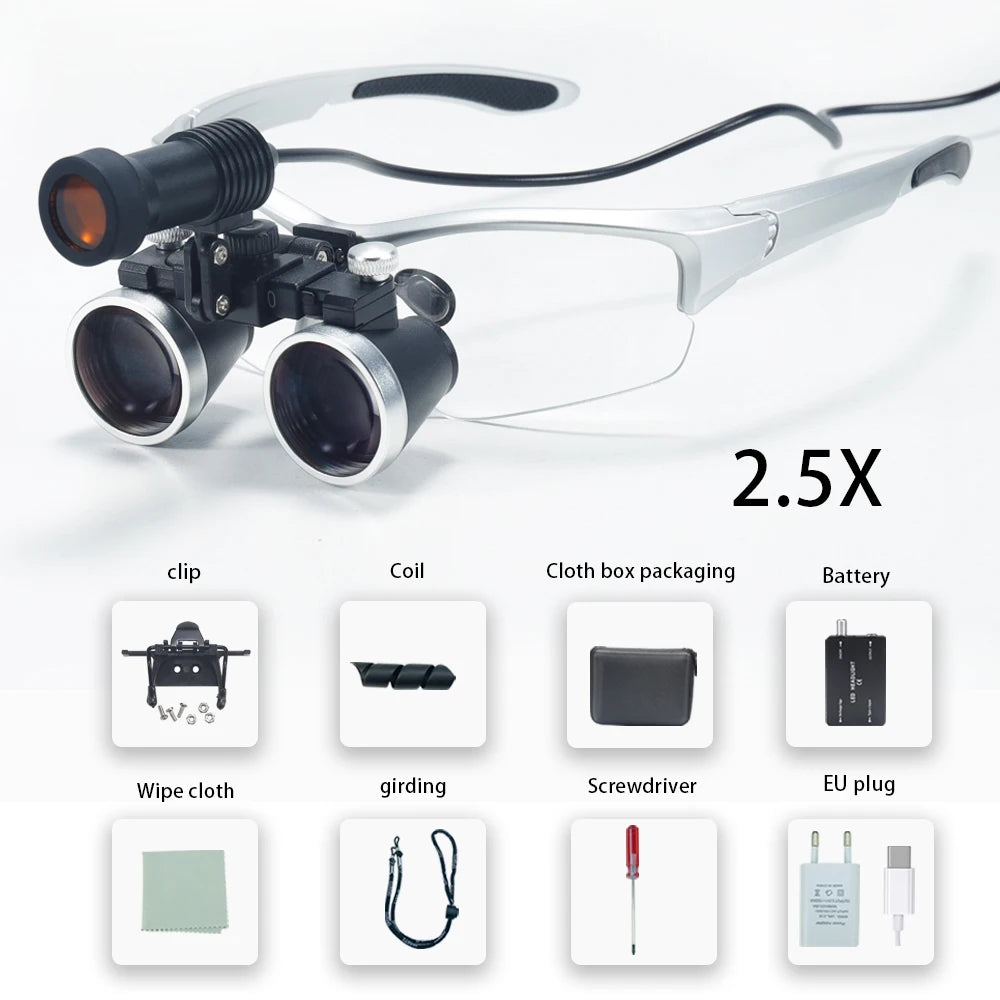 Dental Loupes 2.5X/3.5X Magnification – Binocular Magnifier with 5W Headlight & Cloth Packaging for Medical & Lab Use