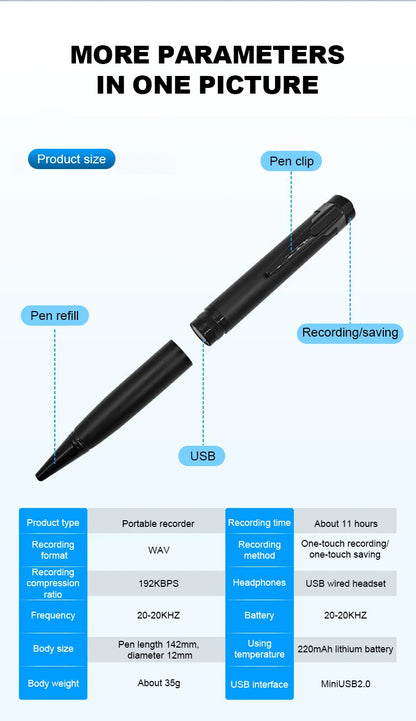 Digital Voice Recorder Pen – 8GB/16GB/32GB/64GB Professional Audio Recorder with Noise Reduction for Business Meetings
