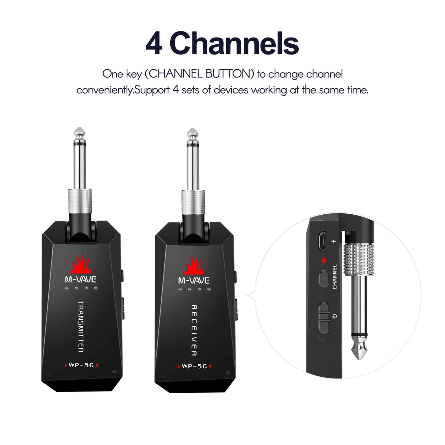 M-VAVE WP-5G Wireless Guitar System - 5.8G Rechargeable Audio Transmitter & Receiver with Type-C Cable for Guitar Amplifier
