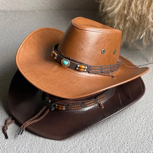 Faux Leather Western Cowboy Hat – Vintage Panama Cowgirl & Gentleman Hat for Women & Men