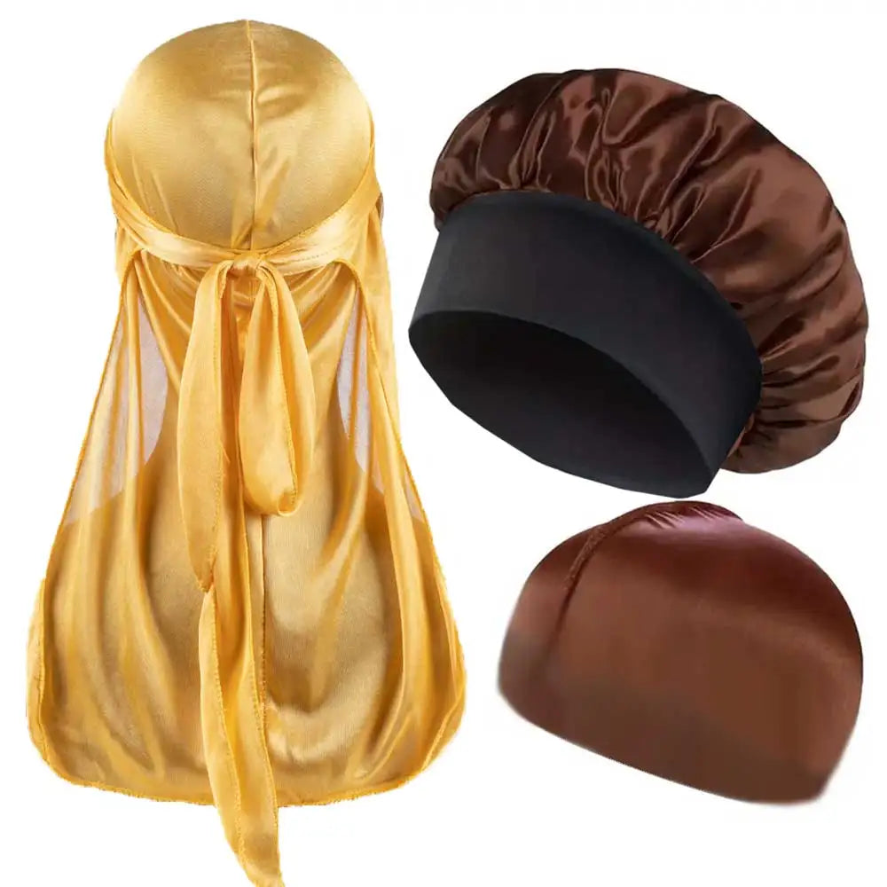3PCS Durag & Satin Bonnet Set - Solid Color Night Cap and Lightweight Dome Hat Hair Accessories