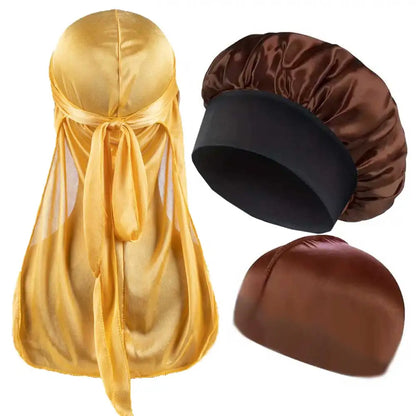 3PCS Durag & Satin Bonnet Set - Solid Color Night Cap and Lightweight Dome Hat Hair Accessories