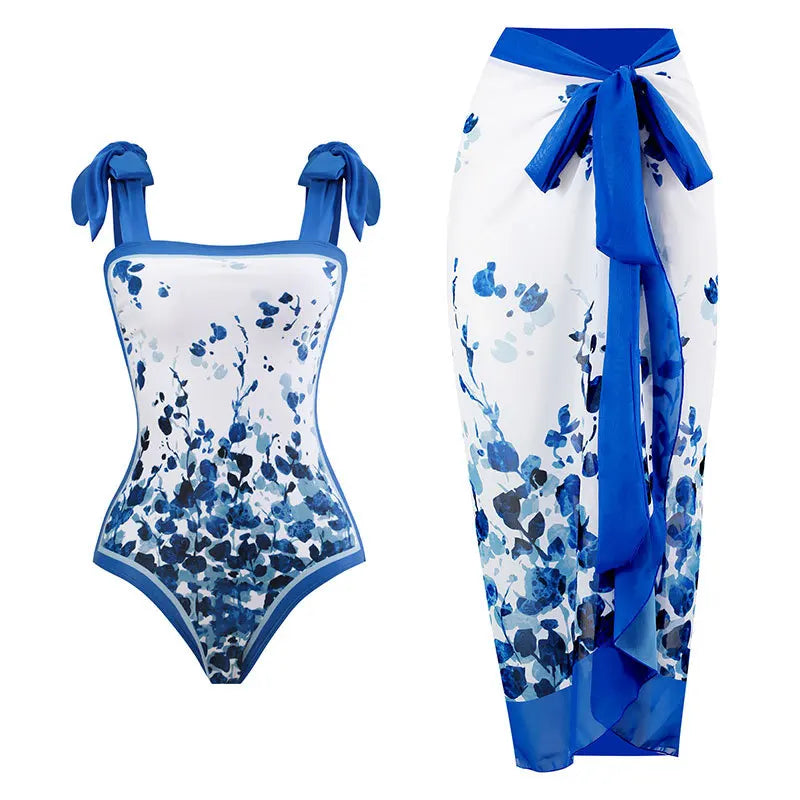 Blue One-Shoulder Ruffle Floral Monokini Swimsuit with Cover Up Sexy One Piece Beach Swimwear for Women Summer