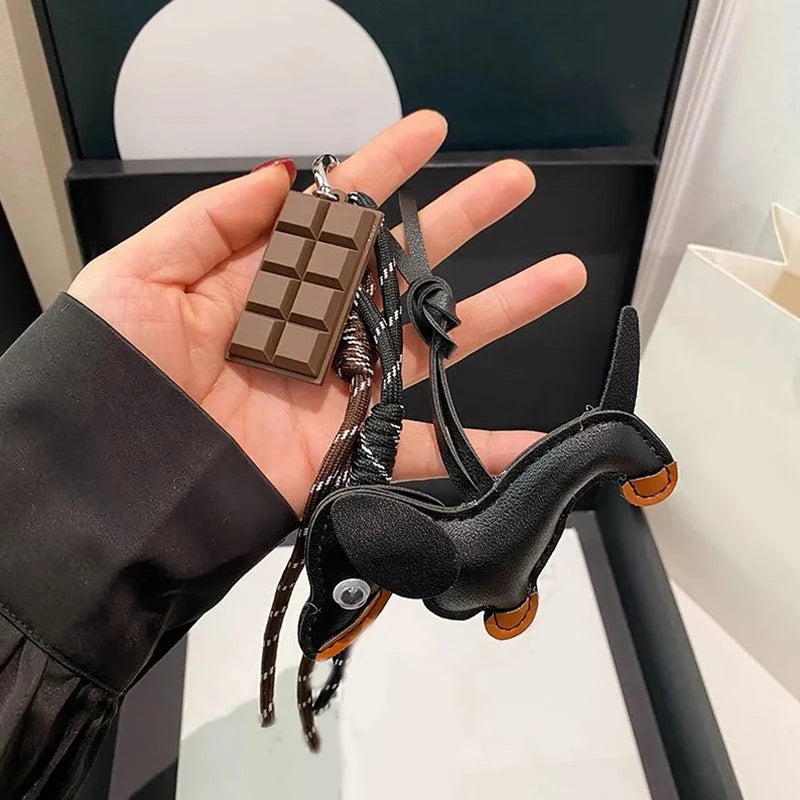 Leather Dachshund Bag Pendant - Creative Dog Keychain & Car Keyring Charm Gift