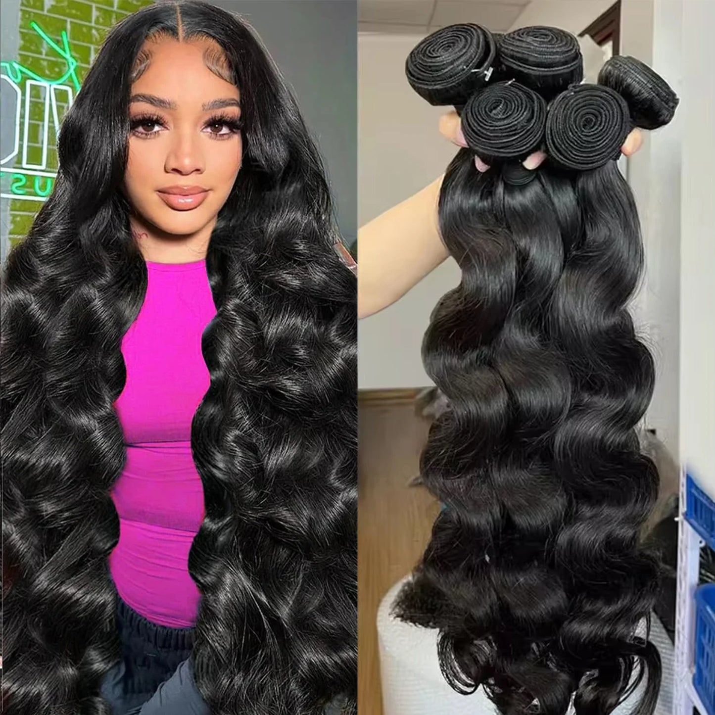 38 40 Inch Loose Body Wave Brazilian Hair Bundles – 1/3/4 PCS Water Wave Raw Human Hair Extensions, Black