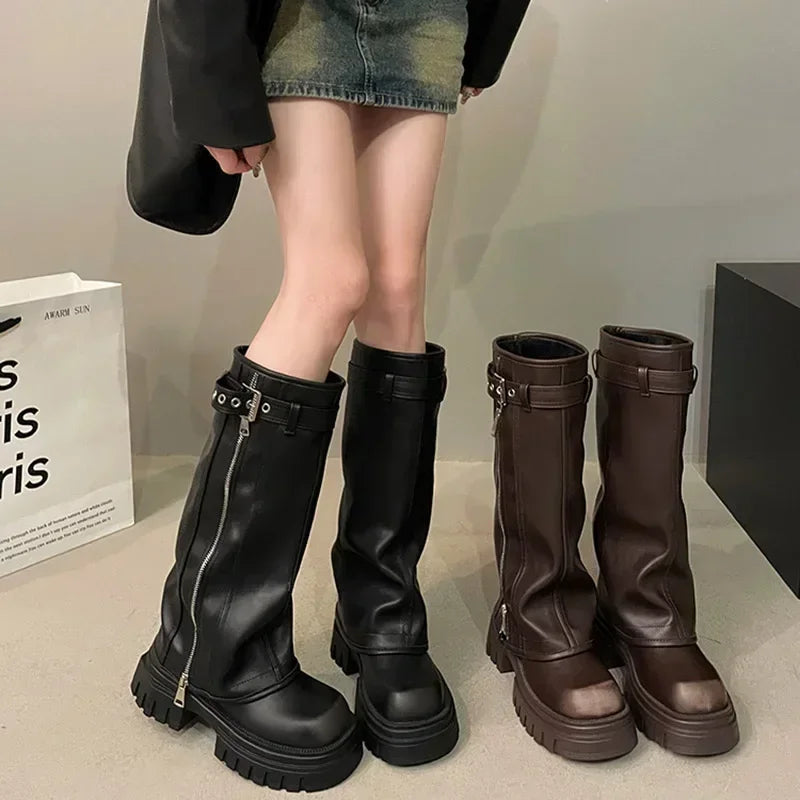 Winter Women's Biker Boots – Fashion Belt Buckle Knee-High Platform Booties