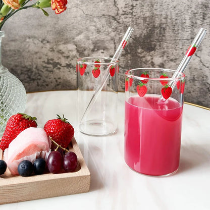16oz Glass Juice Cup with Straw – Berry Pattern Reusable Coffee & Milk Cup, Easy Clean Drinkware for Hot & Cold Beverages (1/2PCS)