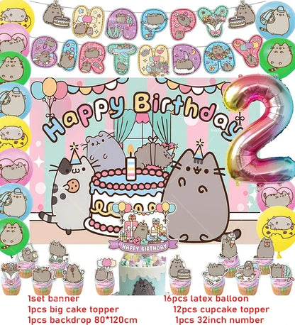 Pusheen Cat Birthday Party Decorations - Cartoon Pet Theme Balloons, Banner, Backdrop, Cake Topper, and Baby Shower Stickers