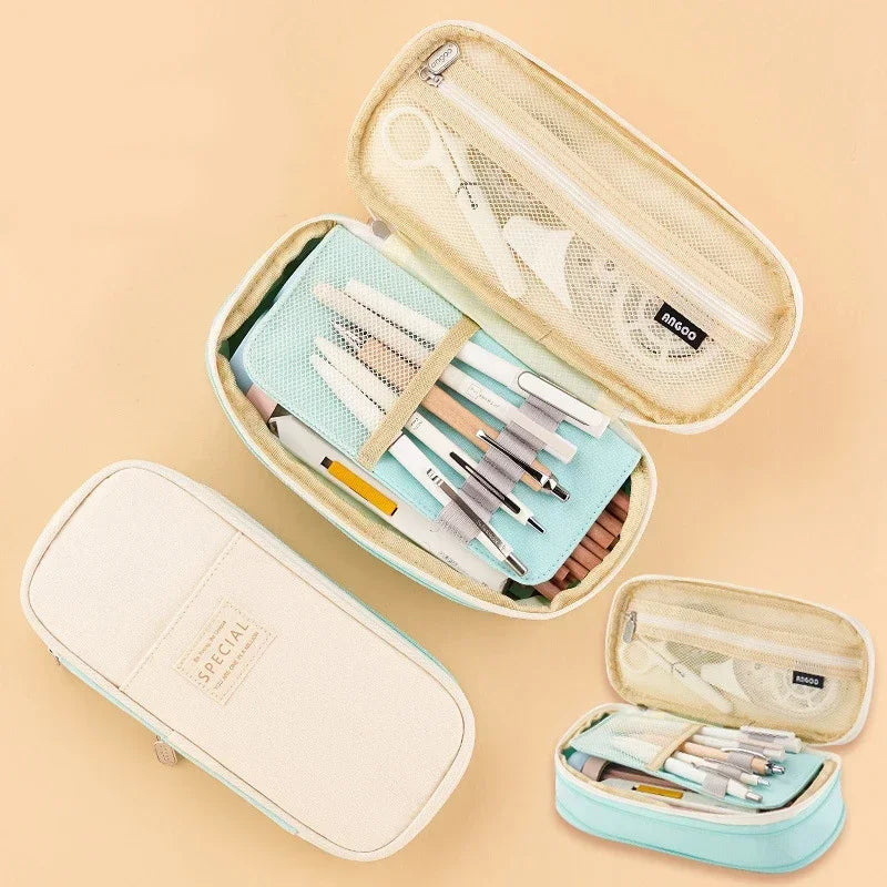 Cute Macaron Canvas Pencil Case - Large Capacity Double-Layer Kawaii School Stationery Pouch for Girls & Kids