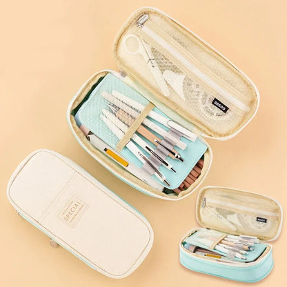 Cute Macaron Canvas Pencil Case - Large Capacity Double-Layer Kawaii School Stationery Pouch for Girls & Kids