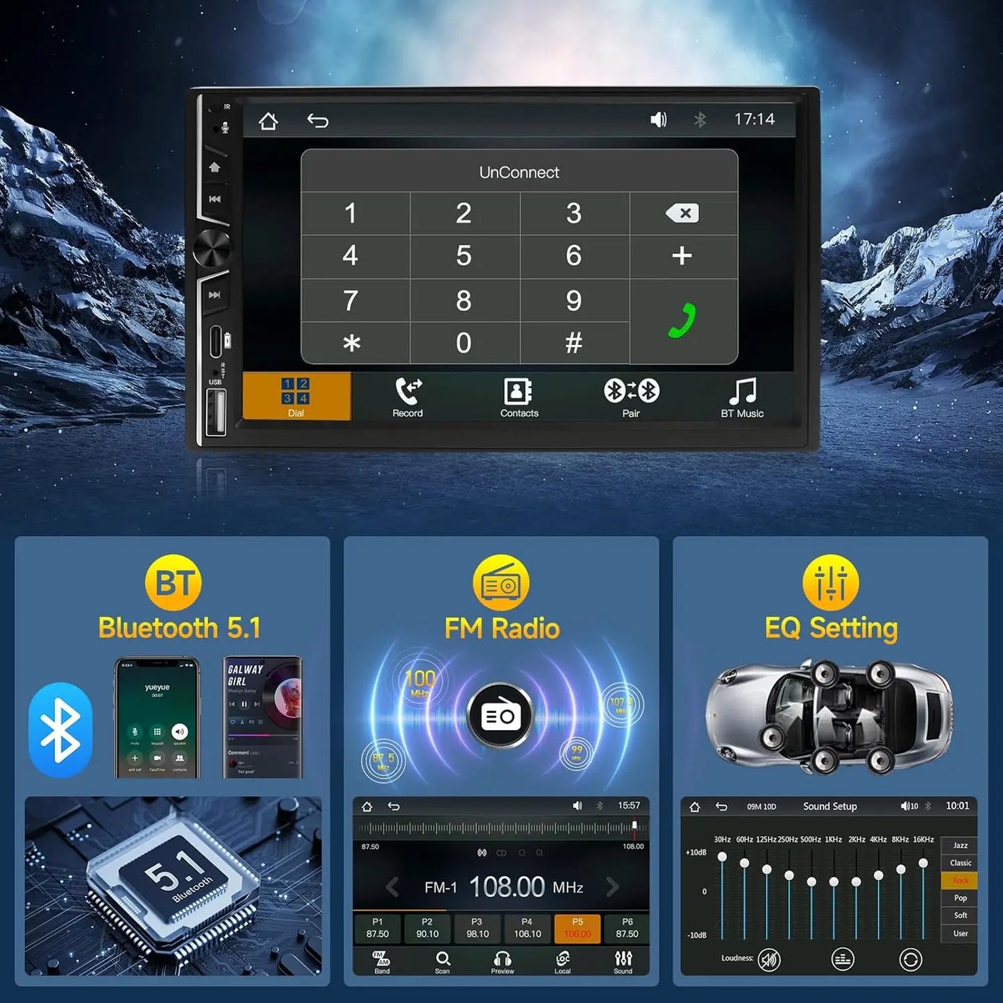 7" Double DIN Car Stereo - Wireless Apple CarPlay & Android Auto Touchscreen Radio