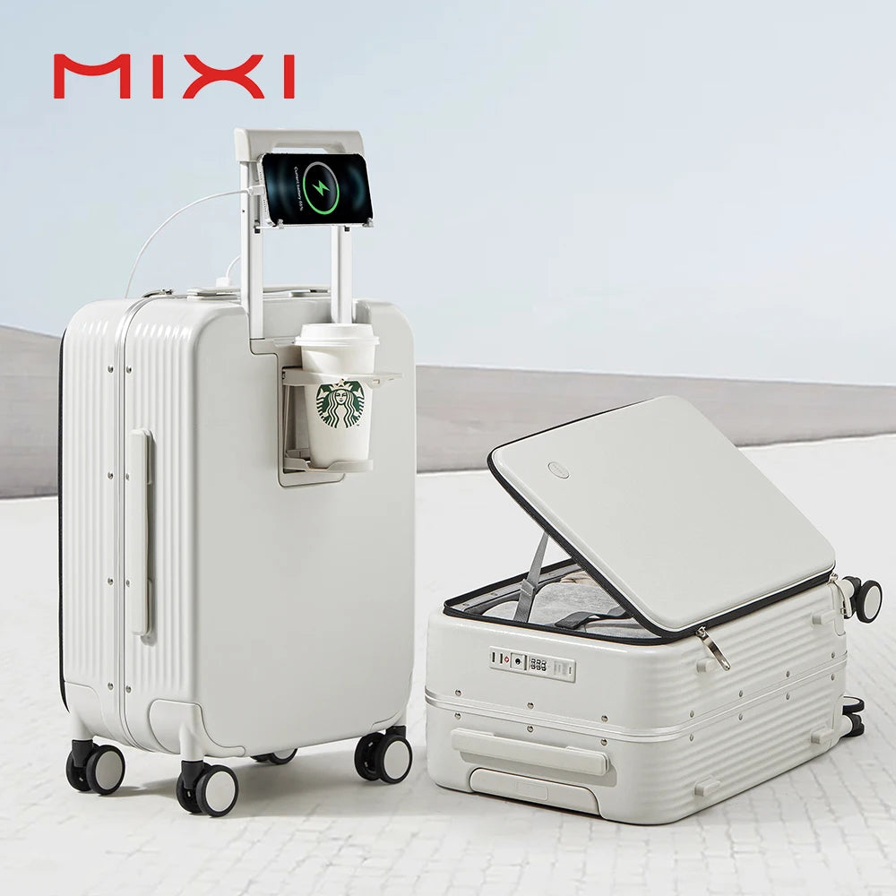 Mixi Aluminum Frame Carry-On Suitcase – 20"/24" Rolling Luggage with USB Port, Cup & Phone Holder