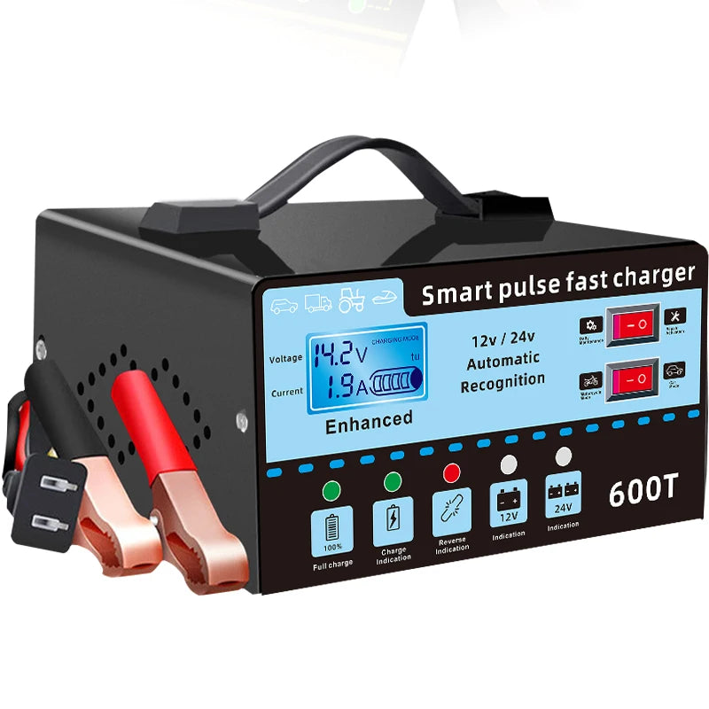 12V/24V Intelligent Car Battery Charger – Automatic Pulse Repair with LCD Display, Voltage & Temperature Detection, High Power Maintenance System
