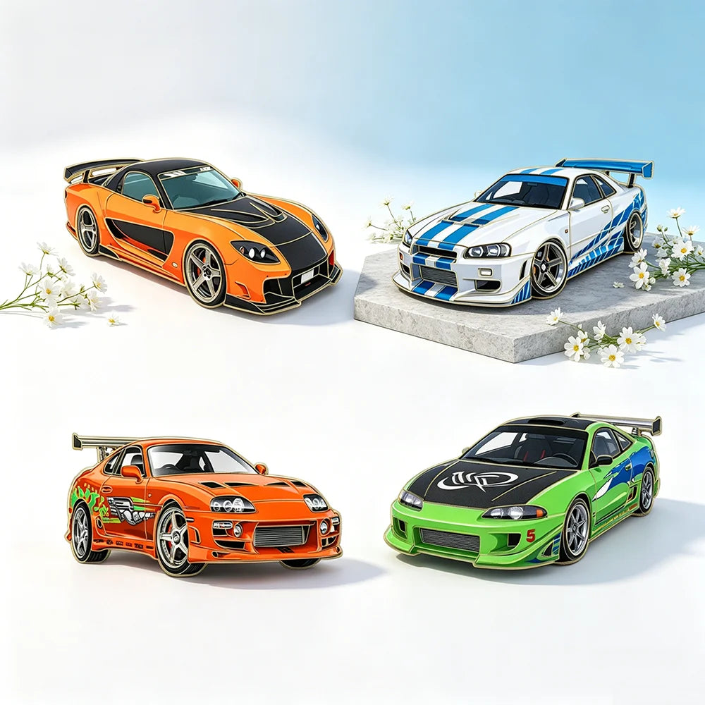 4-Piece Sports Car Enamel Pin Set - Cartoon Lapel Badges for Backpacks, Clothing, and Fashion Accessories